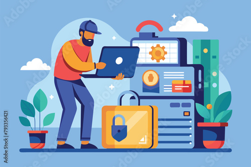 Wallpaper Mural A man is fixing locked files on a laptop while in the presence of a robot in a tech-filled space, worker is repairing locked files on device, Simple and minimalist flat Vector Illustration Torontodigital.ca