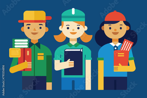 Diverse group of people standing closely aligned next to each other in a simple and minimalist setting, workers and guidebooks, Simple and minimalist flat Vector Illustration