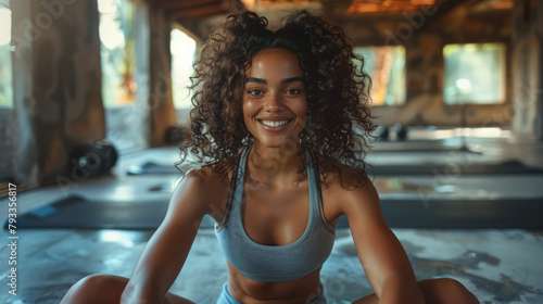 A cheerful female athlete sits on a yoga mat in a gym, exuding positivity and health.