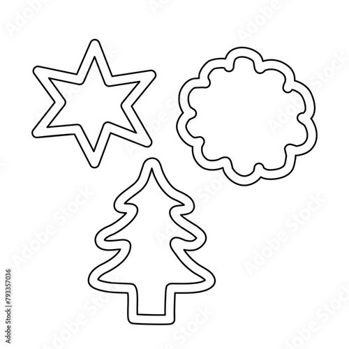 Cookie cutters in different shapes, star, round, Christmas tree, vector outline for coloring book