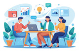 Group of People Sitting Around a Table With a Laptop, Workers are sitting at the negotiating table, collective thinking and brainstorming, company information analytics, Simple and minimalist flat Vec