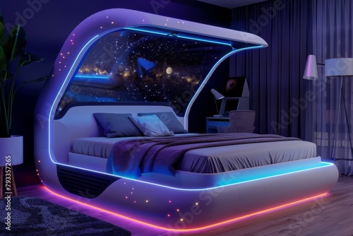 Bright Accents and Futuristic Sleep Data Analysis in a Smart Mattress Environment: Sleep Quality Improvement with Vibrant Lighting and Material Use.