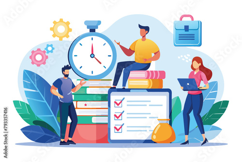 Group of individuals standing around a pile of books and a clock, possibly discussing deadlines, workers are working on deadline tasks, Simple and minimalist flat Vector Illustration