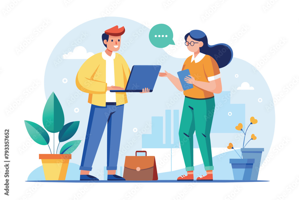 A man and woman are standing next to each other, consulting on work, Workers consult each other on work, Simple and minimalist flat Vector Illustration