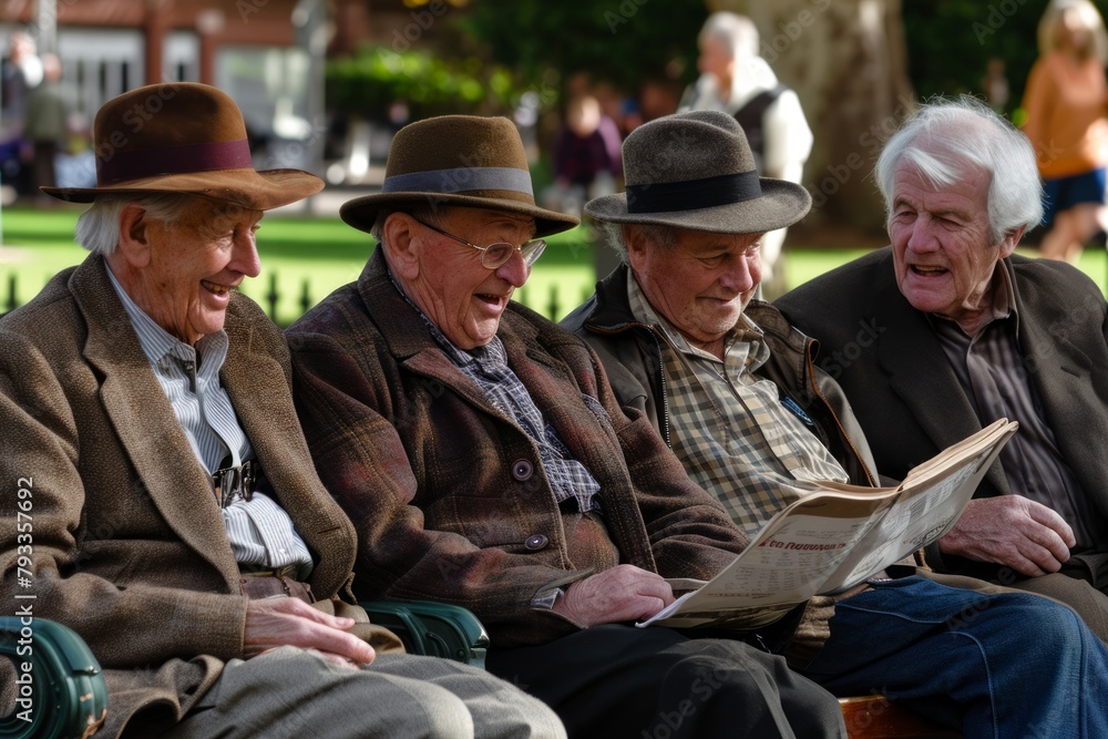 Unidentified senior men sitting on a bench and reading a newspaper.
