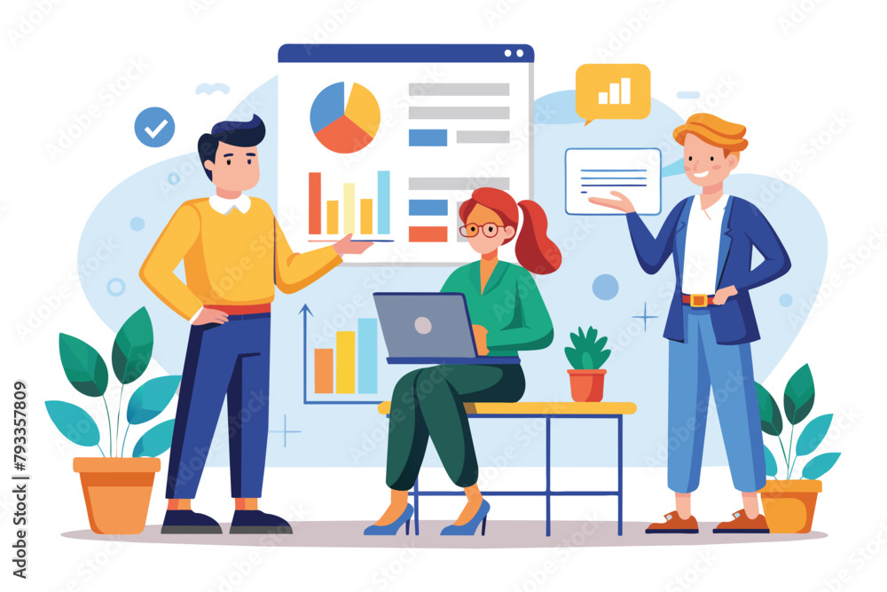Group of workers standing around a table, discussing business plans using a laptop, Workers present business plans, Simple and minimalist flat Vector Illustration