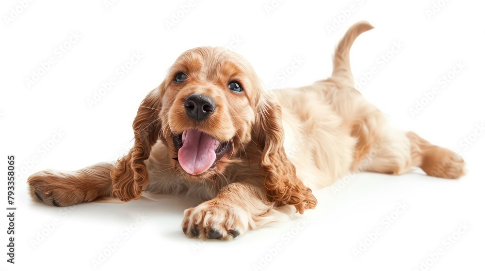 Golden English Cocker Spaniel laying on his side isolated against a white background