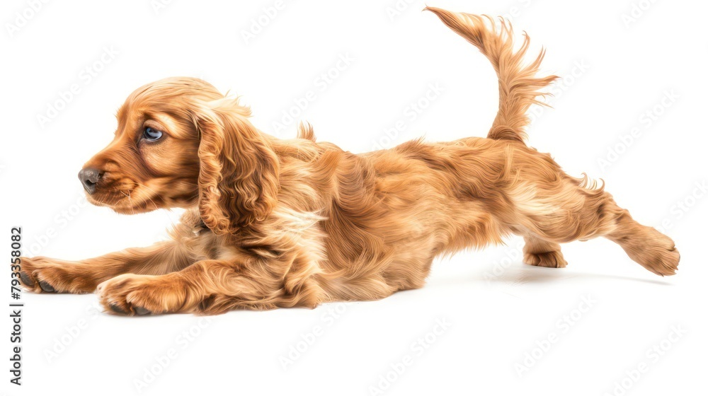 Golden English Cocker Spaniel laying on his side isolated against a white background