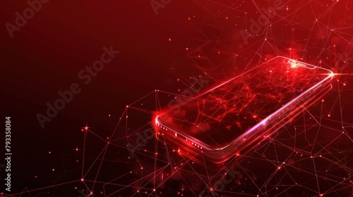 SIM card phone from futuristic polygonal red lines and glowing stars for banner, poster, greeting card. AI generated photo