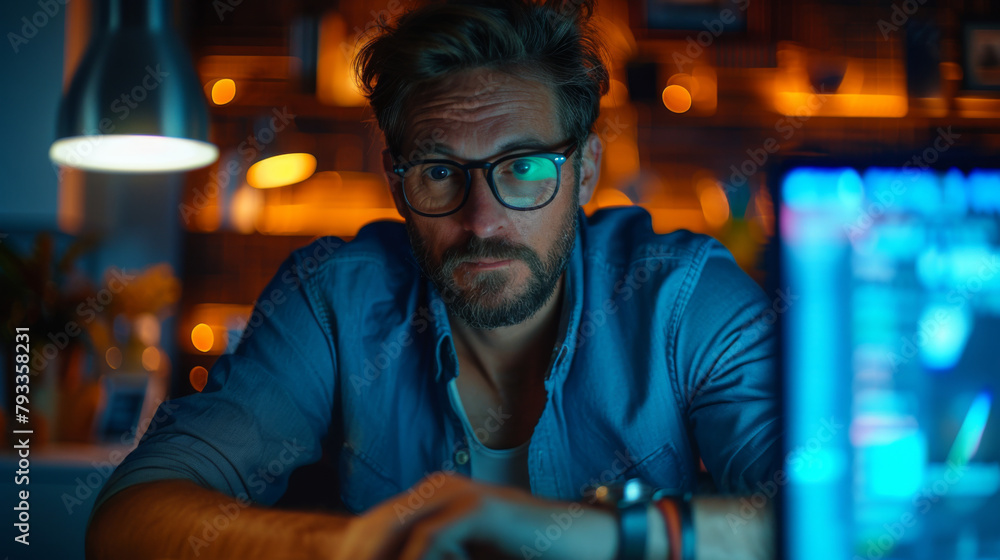 A focused software developer working late in an office with ambient lighting. A focused software developer working late in an office with ambient lighting.