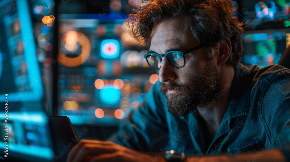 Focused software developer working late at his office with multiple screens displaying code and data visualization. Focused software developer working late at his office with multiple screens displaying code and data visualization.