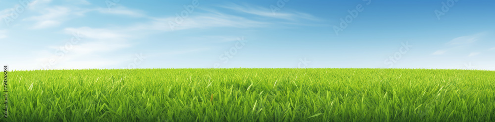 Beautiful spring summer natural landscape. Green meadow, garden or park grass on blue sky background with clouds on warm sunny day. Colorful bright nature panoramic banner with copyspace. Beautiful spring summer natural landscape. Green meadow, garden or park grass on blue sky background with clouds on warm sunny day. Colorful bright nature panoramic banner with copyspace.