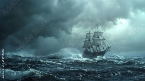 3d render illustration digital painting the ship lies on its side trying to move forward in the stormy sea