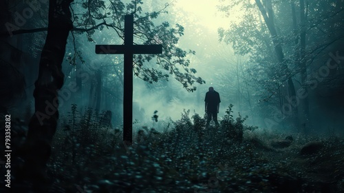 Silhouette of a man on a cross in the forest