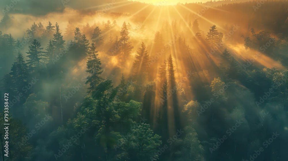 Sunrise in the forest with fog and rays of light