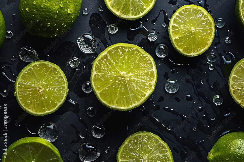 Limes on dark background with drops of water, overhead angle Limes on dark background with drops of water, overhead angle