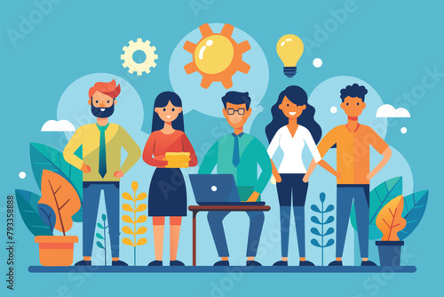 A team of individuals gathered around a laptop, engaged in discussion or collaboration, working team, Simple and minimalist flat Vector Illustration