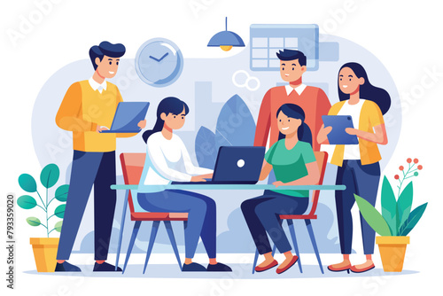 People discussing startup meeting around a table with a laptop, working together discussing startup meeting of colleagues coworking teamwork, Simple and minimalist flat Vector Illustration