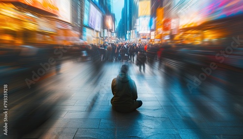 Amidst bustling crowd, figure sits serenely, captured in motion blur with long shutter. 📷🧘‍♂️ #UrbanSerenity