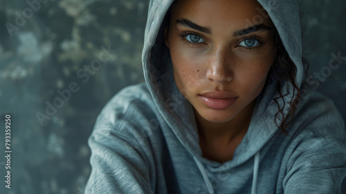 Close-up of a sporty young woman in a grey hoodie, with intense blue eyes and a serious expression.