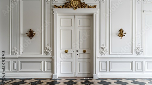 The room is very large and has a lot of white walls and a lot of gold accents