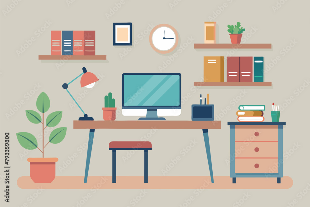 A desktop computer is placed on top of a wooden desk in a simple and minimalist workspace setting, Workspace, Simple and minimalist flat Vector Illustration A desktop computer is placed on top of a wooden desk in a simple and minimalist workspace setting, Workspace, Simple and minimalist flat Vector Illustration