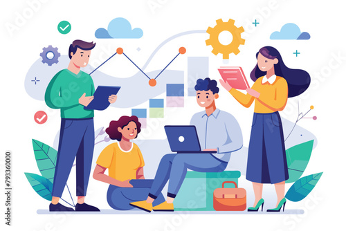 Several individuals collaborating and discussing strategy around a laptop in a team setting, Work together to plan strategy trending, Simple and minimalist flat Vector Illustration