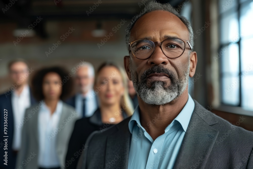 Portrait of a senior businessman with his team in the background. Portrait of a senior businessman with his team in the background.