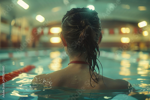 Swimming coach observing the pool  cinematic ambiance  wide shot.