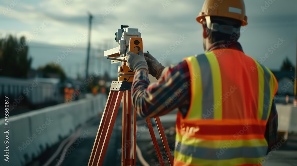 Worker in a safety vest and hard hat is utilizing a surveying instrument to measure a construction