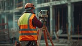 Worker in a safety vest and hard hat is utilizing a surveying instrument to measure a construction