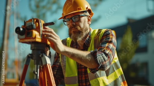 Worker in a safety vest and hard hat is utilizing a surveying instrument to measure a construction photo