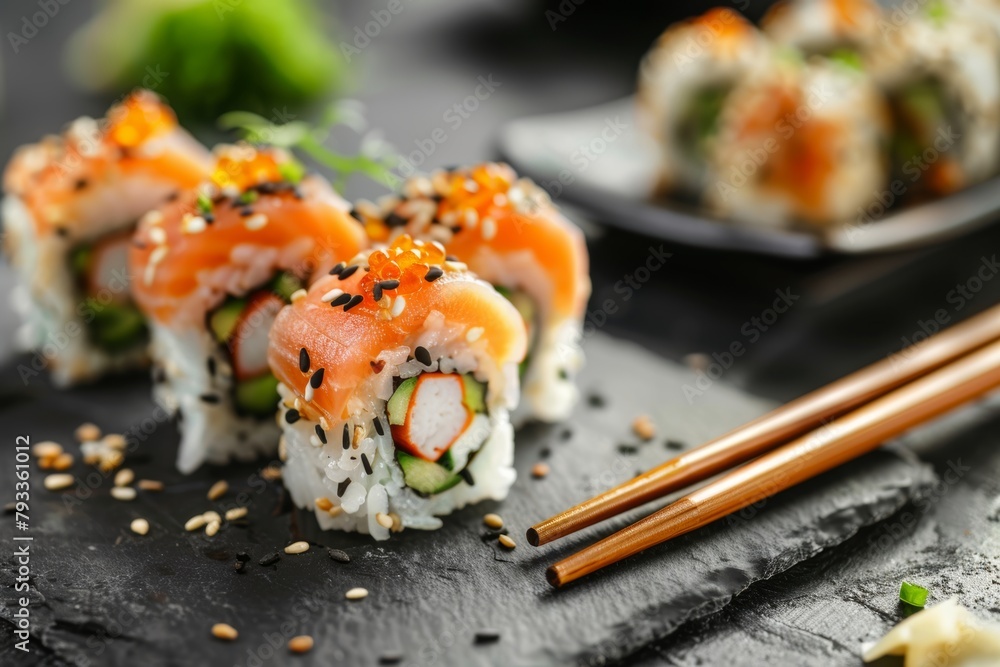 Traditional japanese style sushi presentation on elegant grey table with glamour lighting Traditional japanese style sushi presentation on elegant grey table with glamour lighting