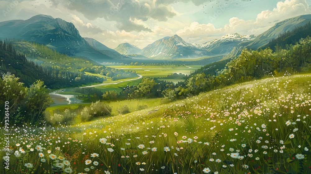 spring poster traditional painting bright green tones of a hilly and mountainous landscape with a river and flowering meadows