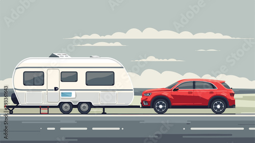 Car sedan and trailers caravan isolated. Vector flat