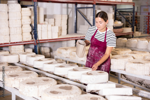 Focused diligent young female ceramicist engaged in creating ceramics in sunlit workshop, pouring liquid clay from jug into slipcasting molds.. photo