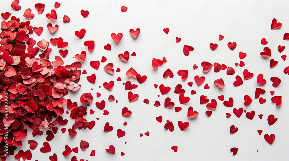 Celebrate Valentine s Day with red heart shaped confetti scattered on a crisp white background Celebrate Valentine s Day with red heart shaped confetti scattered on a crisp white background