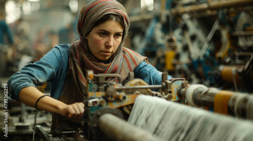 A textile worker focused on weaving fabric at a loom in an industrial setting. © neatlynatly