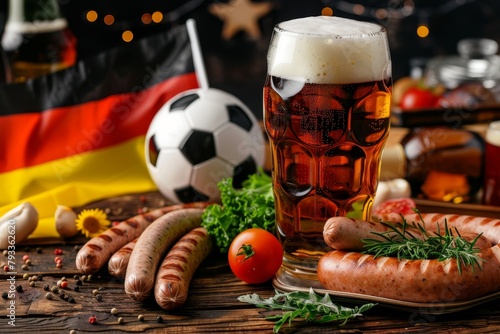 Germany traditional food. Beer and sausages with smal football ball and decorative Germany flag