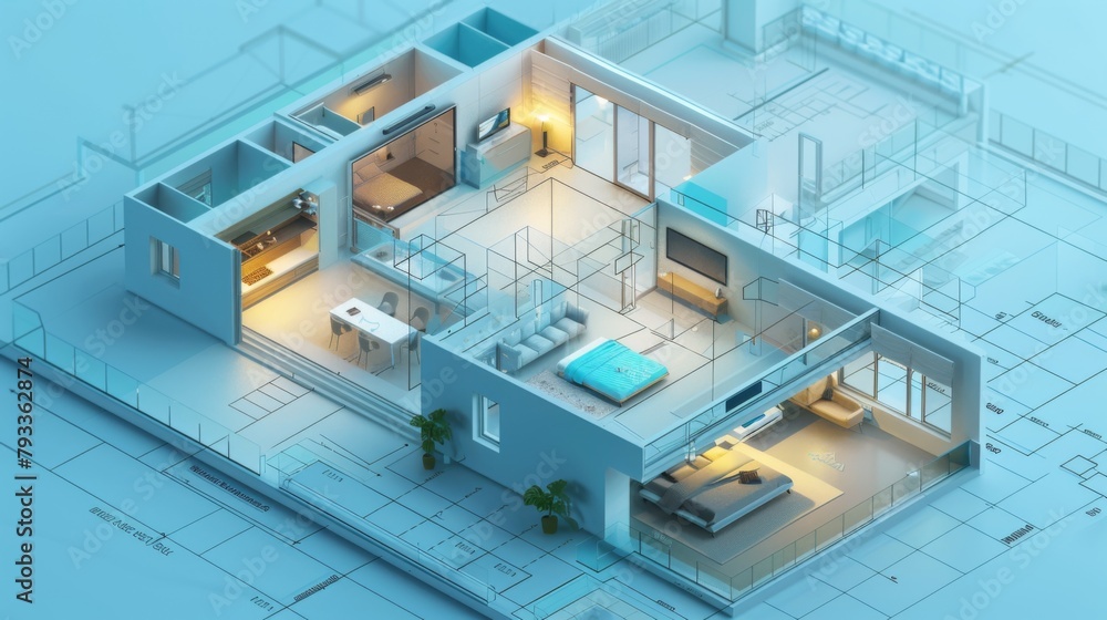 Modern House 3D Rendering on Blueprint Modern House 3D Rendering on Blueprint