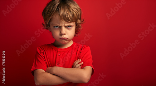 Studio portrait of a very angry and petulant child in a red shirt. Arms folded. Exaggerating and feigning anger