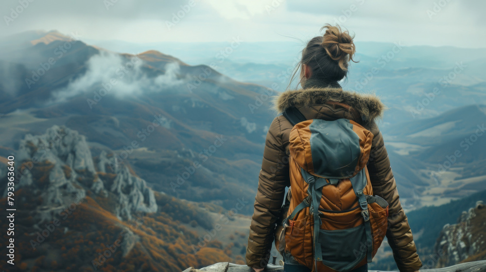 Woman with backpack standing at mountain's edge, overlooking misty peaks. Woman with backpack standing at mountain's edge, overlooking misty peaks.
