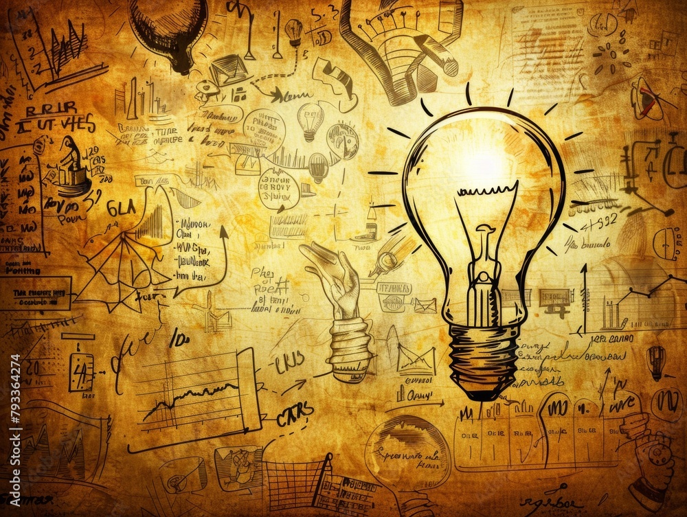 Illuminated lightbulb on a backdrop of hand-drawn business and strategy sketches Illuminated lightbulb on a backdrop of hand-drawn business and strategy sketches