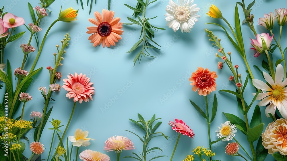 Fototapeta premium summer flower flat lay frame on blue background with copy space