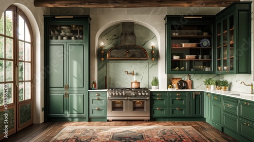Kitchen Decor Photography, Dark Green Cabinets with Brass Handles and White Worktop photo