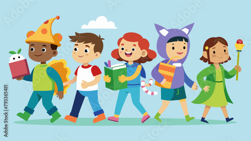 A group of kids dressed as their favorite characters from a book proudly walking in the DIY Costume Parade with props and accessories all made