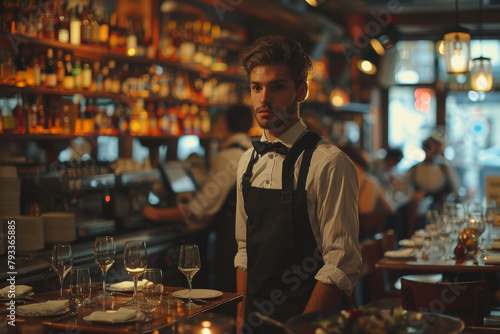 A waiter stands attentively in a dimly lit restaurant, surrounded by glassware and a bar.