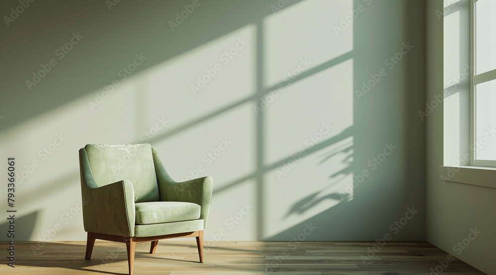 A light green armchair stands against the wall, casting soft shadows on it. The chair is located in an empty room with neutral tones and sunlight streaming through large windows. A light green armchair stands against the wall, casting soft shadows on it. The chair is located in an empty room with neutral tones and sunlight streaming through large windows.