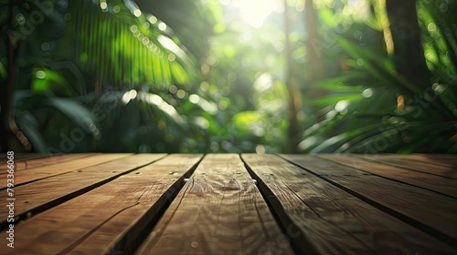 a blank wooden table with the lush green nature forest in background