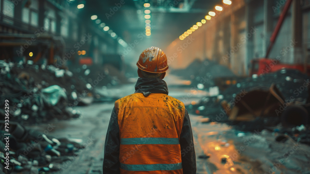 Worker in high-visibility jacket at waste management facility with debris and mood lighting.